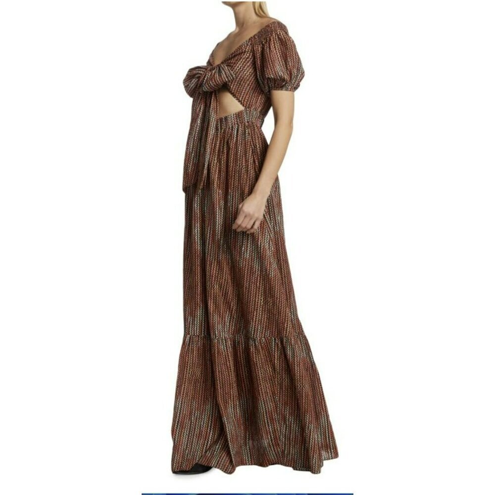 Ramy Brook $495 Maxi Dress Megan Cutout Bow Puff-Sleeve Large NWT
